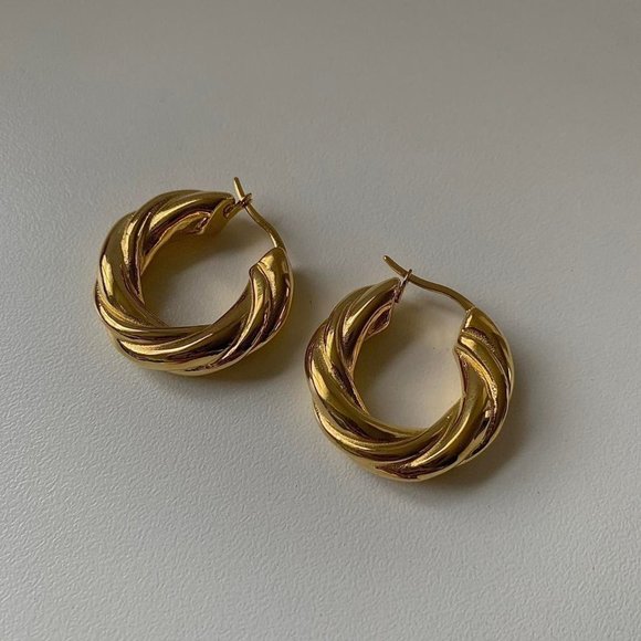 Bold Gold Hoop Earrings, Chunky Gold Hoop Earrings, Twisty Gold Hoop Earrings - Picture 4 of 9
